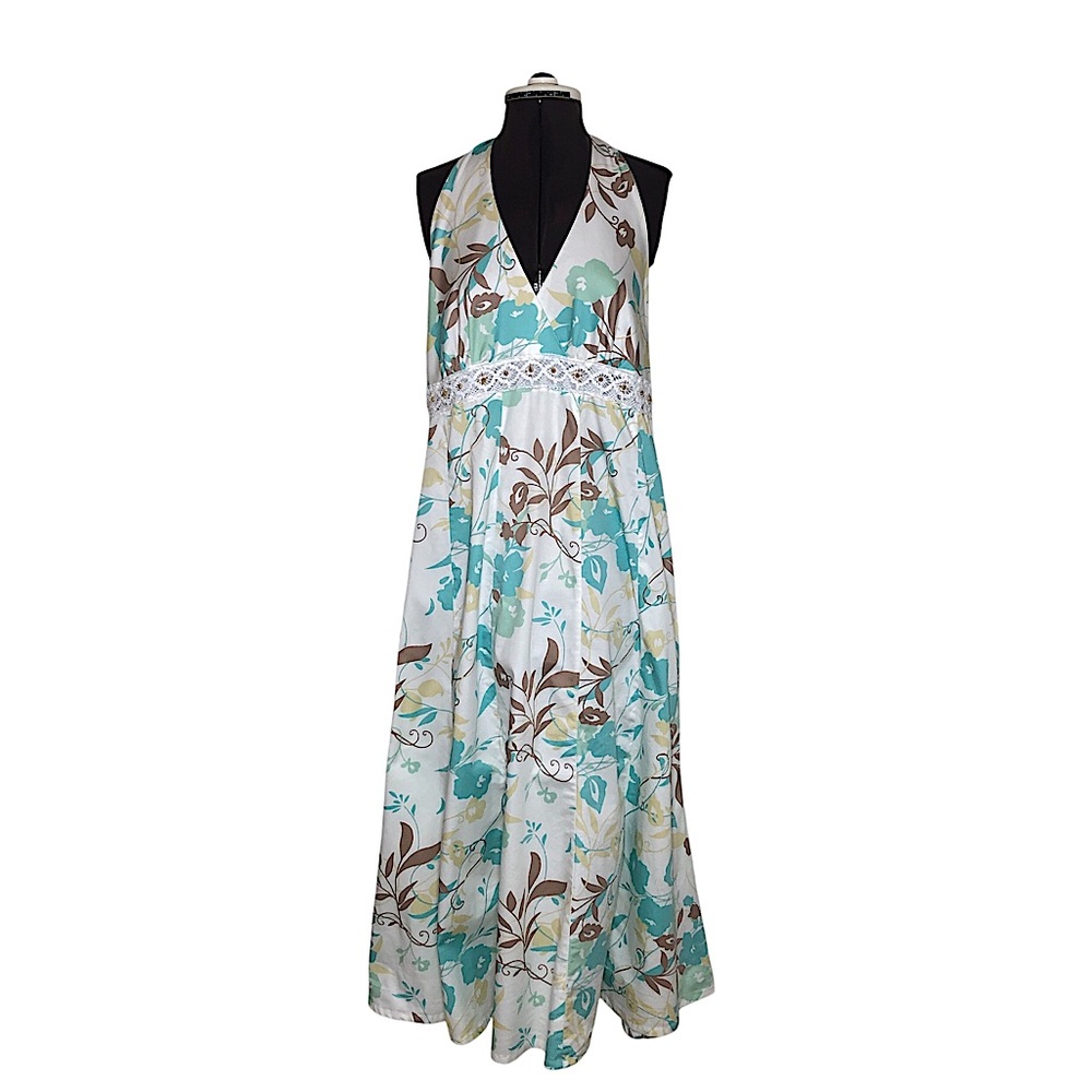 Jonathan Martin Stretchy Cotton Off White Teal Brown Floral Halter Sundress 16